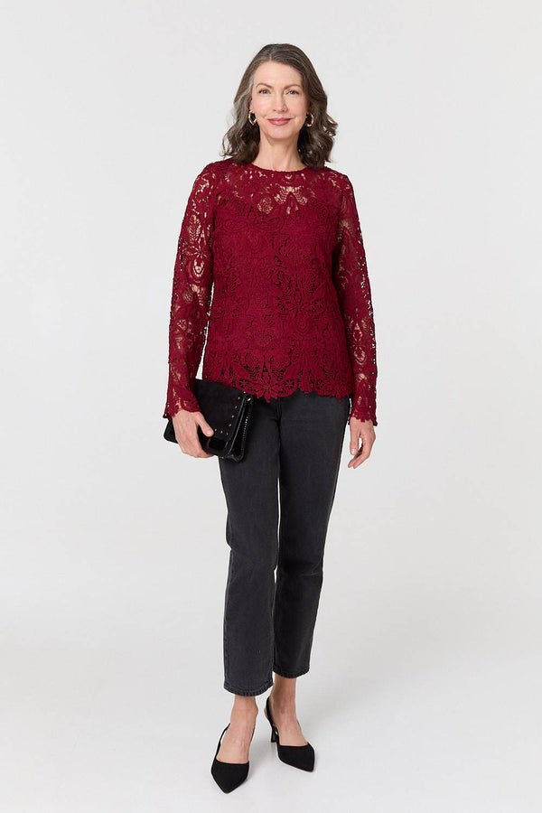 Red | Lace Texture Layered Long Sleeve Blouse
