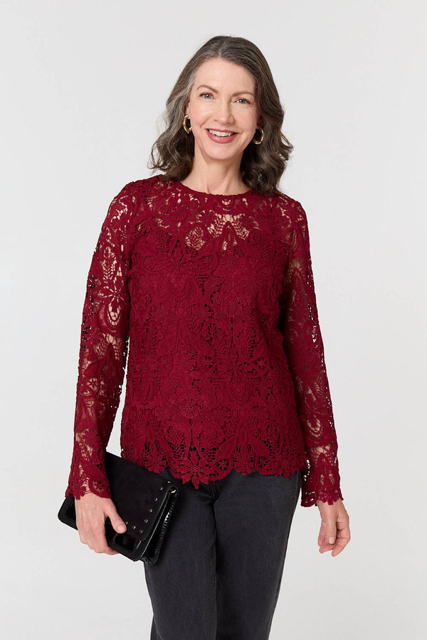 Red | Lace Texture Layered Long Sleeve Blouse
