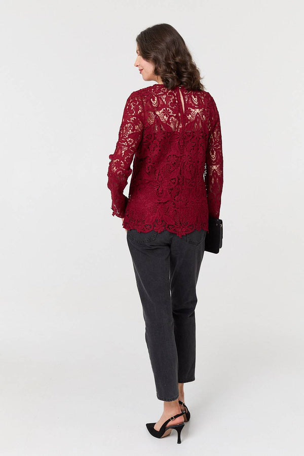 Red | Lace Texture Layered Long Sleeve Blouse
