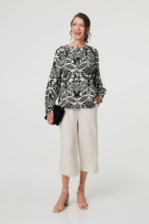 Black | Printed Long Sleeve Button Front Blouse
