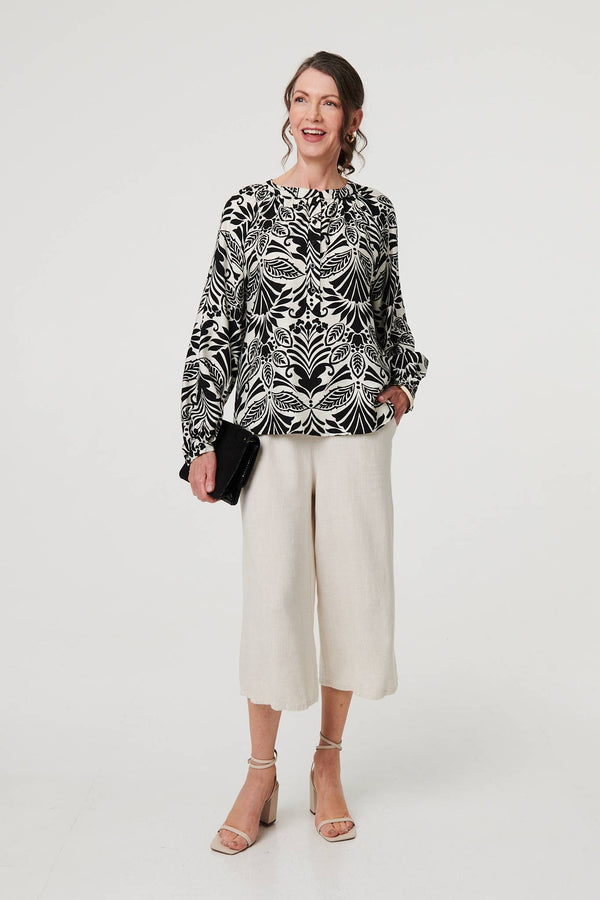 Black | Printed Long Sleeve Button Front Blouse
