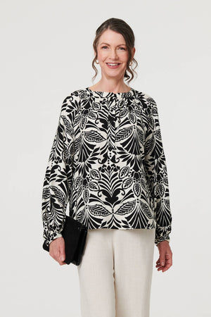 Black | Printed Long Sleeve Button Front Blouse
