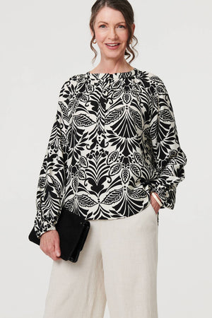 Black | Printed Long Sleeve Button Front Blouse
