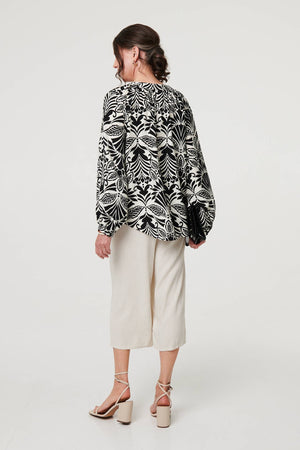 Black | Printed Long Sleeve Button Front Blouse
