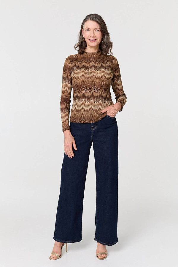 Brown | Sparkly Embellished High Neck Fitted Top
