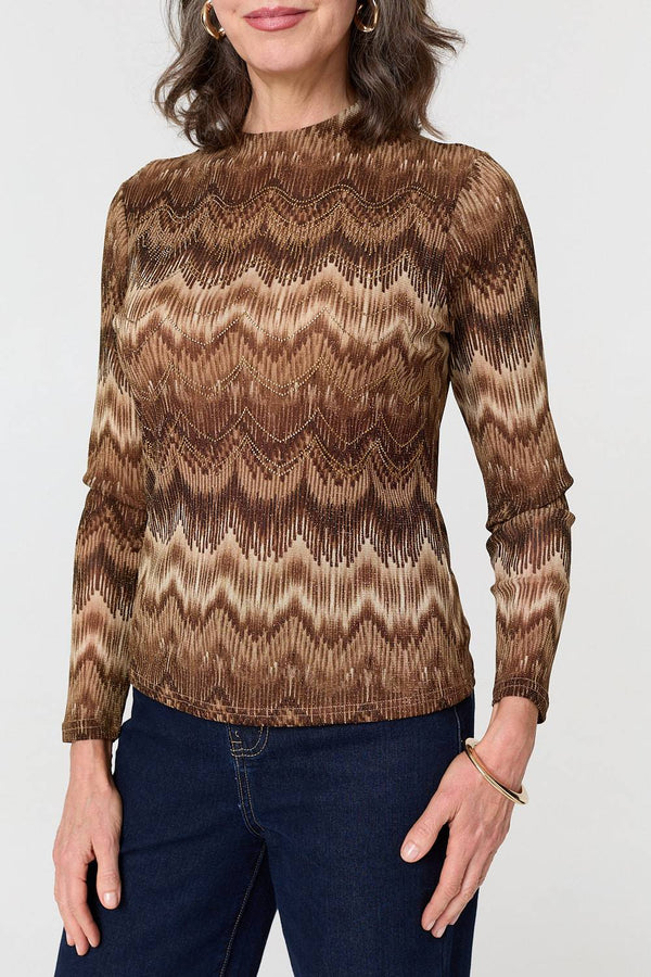 Brown | Sparkly Embellished High Neck Fitted Top
