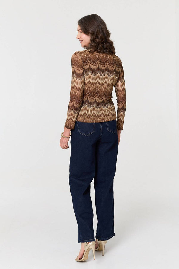 Brown | Sparkly Embellished High Neck Fitted Top
