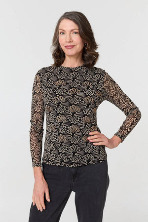 Black | Printed Long Sleeve Fitted Top

