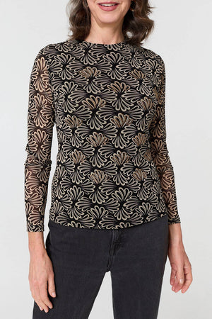 Black | Printed Long Sleeve Fitted Top
