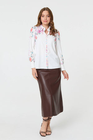 White | Floral Border Print Long Sleeve Shirt
