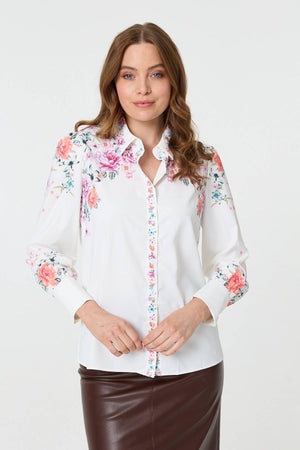 White | Floral Border Print Long Sleeve Shirt : Model is 5'9