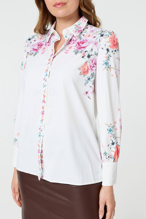 White | Floral Border Print Long Sleeve Shirt
