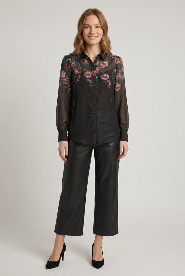 Black | Floral Sheer Layered Long Sleeve Shirt