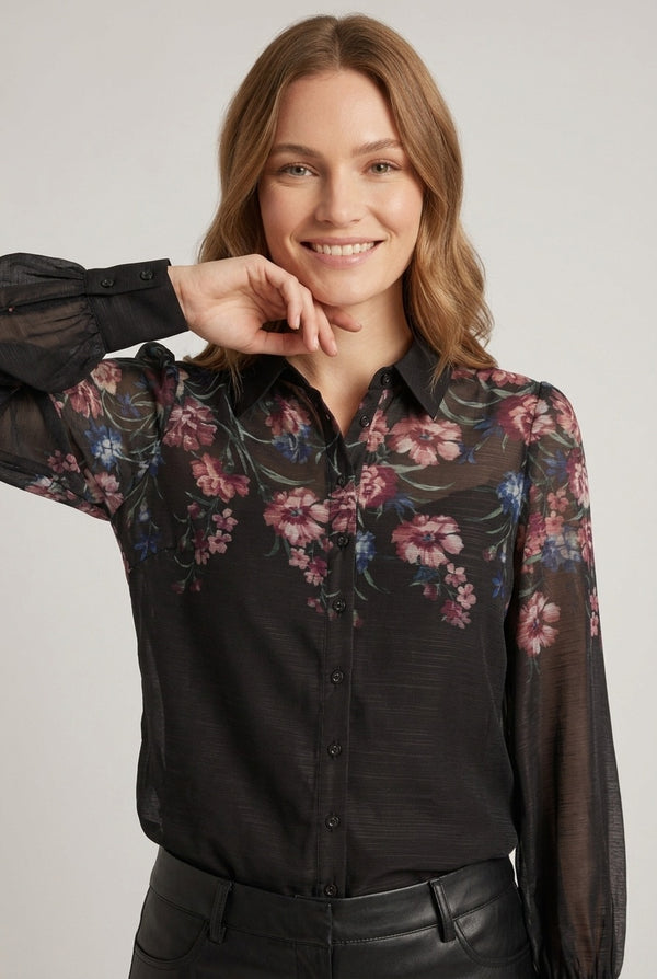 Black | Floral Sheer Layered Long Sleeve Shirt