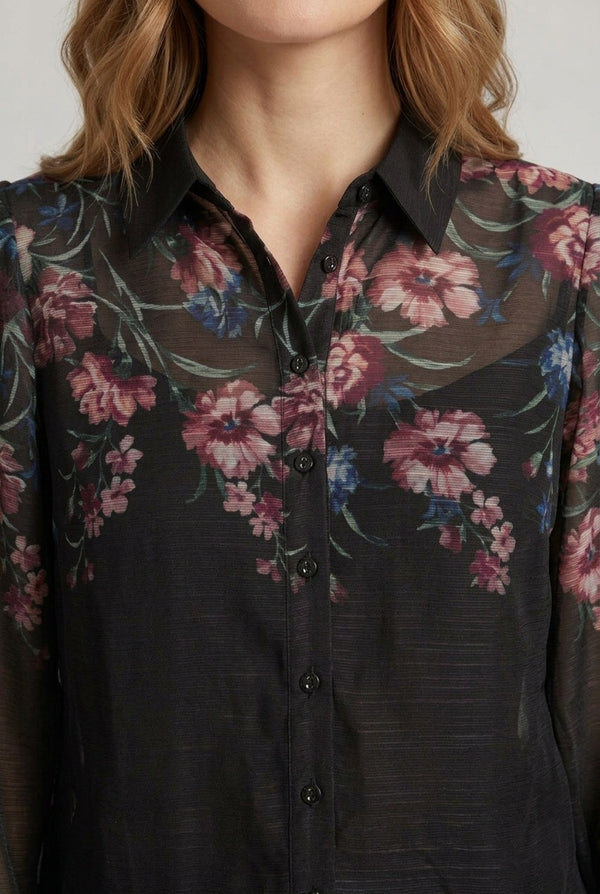 Black | Floral Sheer Layered Long Sleeve Shirt