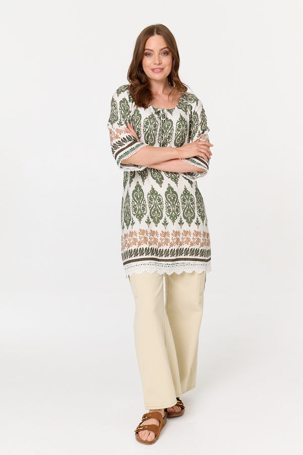 Green | Printed 3/4 Sleeve Longline Tunic Top
