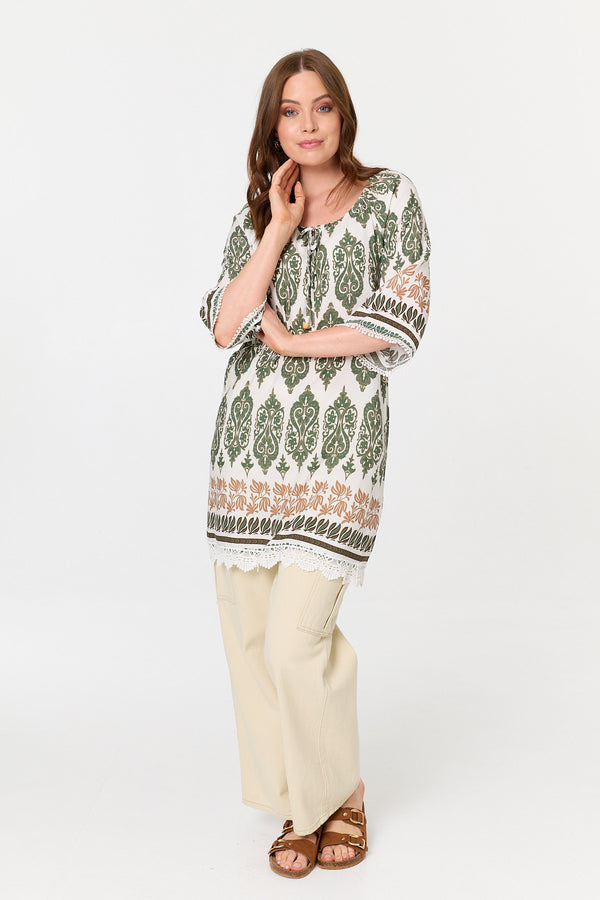 Green | Printed 3/4 Sleeve Longline Tunic Top
