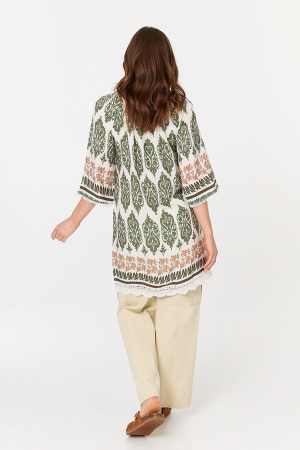 Green | Printed 3/4 Sleeve Longline Tunic Top
