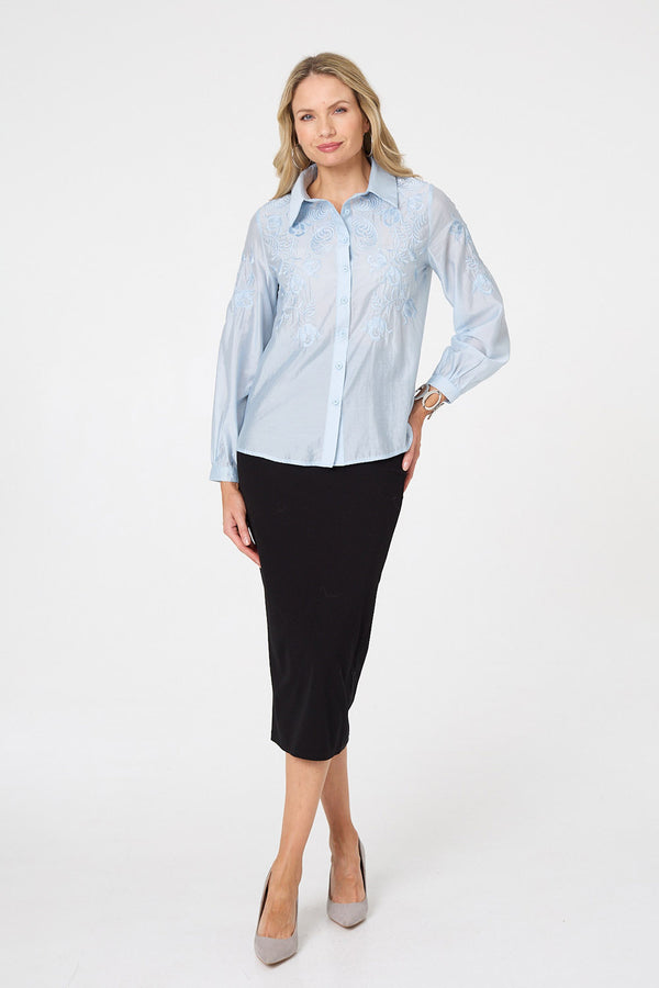 Blue | Embroidered Long Sleeve Shirt

