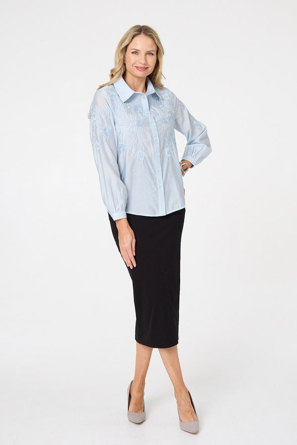 Blue | Embroidered Long Sleeve Shirt
