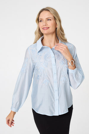 Blue | Embroidered Long Sleeve Shirt : Model is 5'10