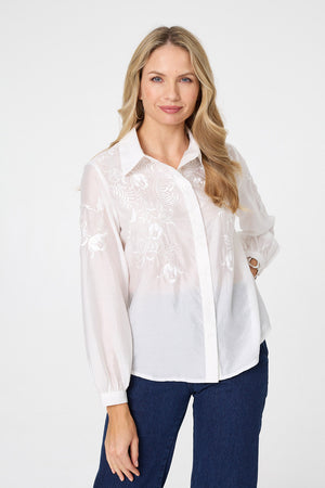 White | Embroidered Long Sleeve Shirt : Model is 5'10