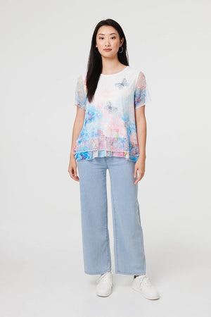 Pink | Butterfly Print Mesh Layered Top
