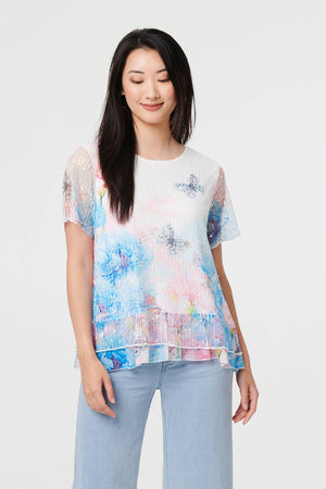 Pink | Butterfly Print Mesh Layered Top
