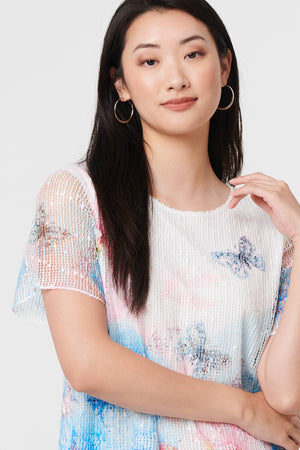 Pink | Butterfly Print Mesh Layered Top
