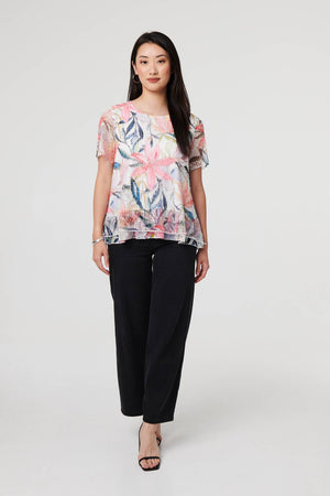 Pink | Floral Short Sleeve Mesh Layered Top
