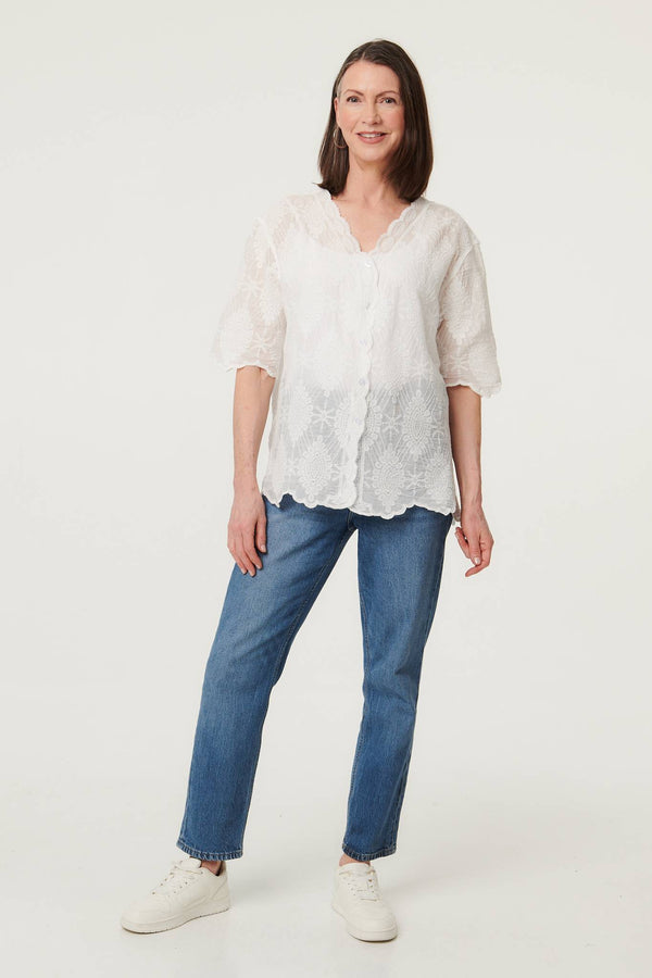 White | Embroidered Lace 1/2 Sleeve Shirt