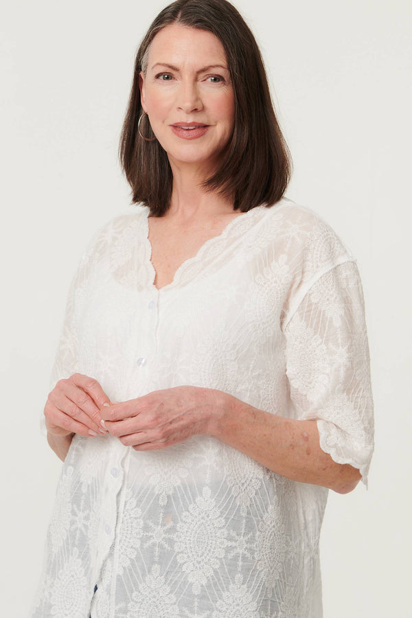 White | Embroidered Lace 1/2 Sleeve Shirt