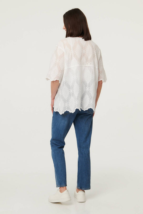 White | Embroidered Lace 1/2 Sleeve Shirt