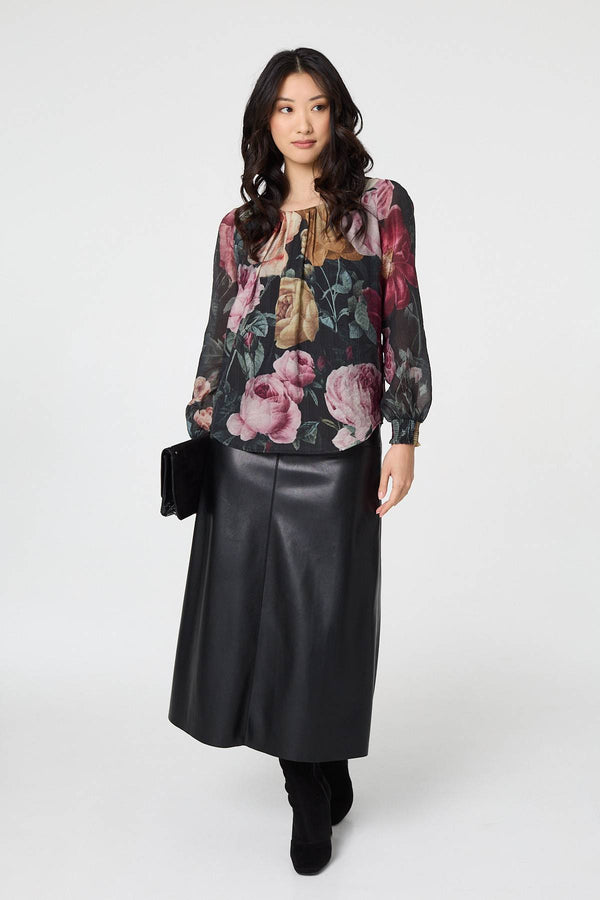 Black | Floral Long Puff Sleeve Pleated Blouse

