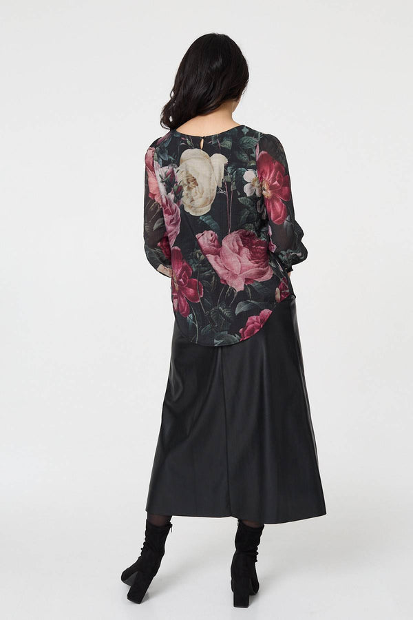 Black | Floral Long Puff Sleeve Pleated Blouse
