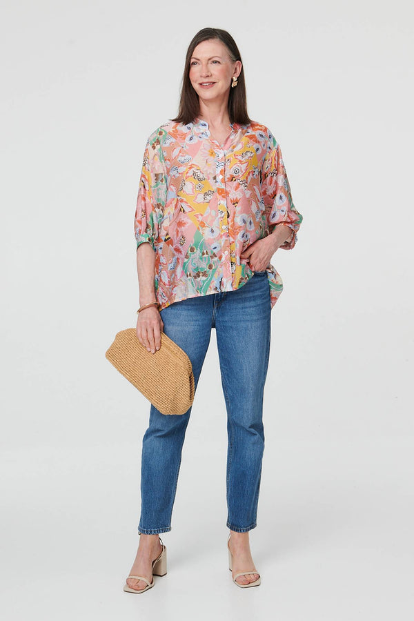 Pink | Abstract Curved Hem 3/4 Sleeve Blouse