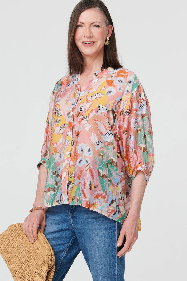 Pink | Abstract Curved Hem 3/4 Sleeve Blouse