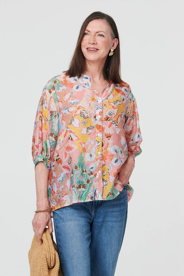 Pink | Abstract Curved Hem 3/4 Sleeve Blouse