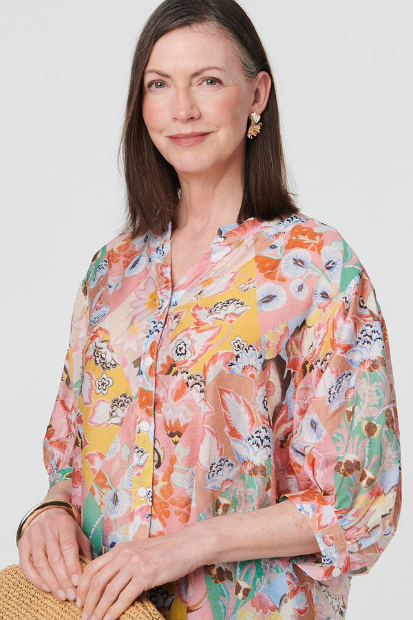 Pink | Abstract Curved Hem 3/4 Sleeve Blouse