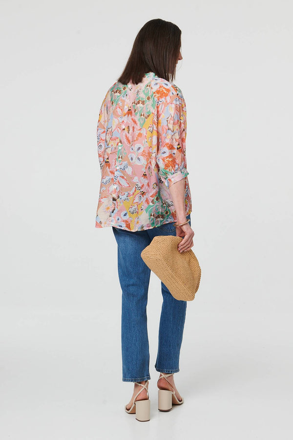 Pink | Abstract Curved Hem 3/4 Sleeve Blouse