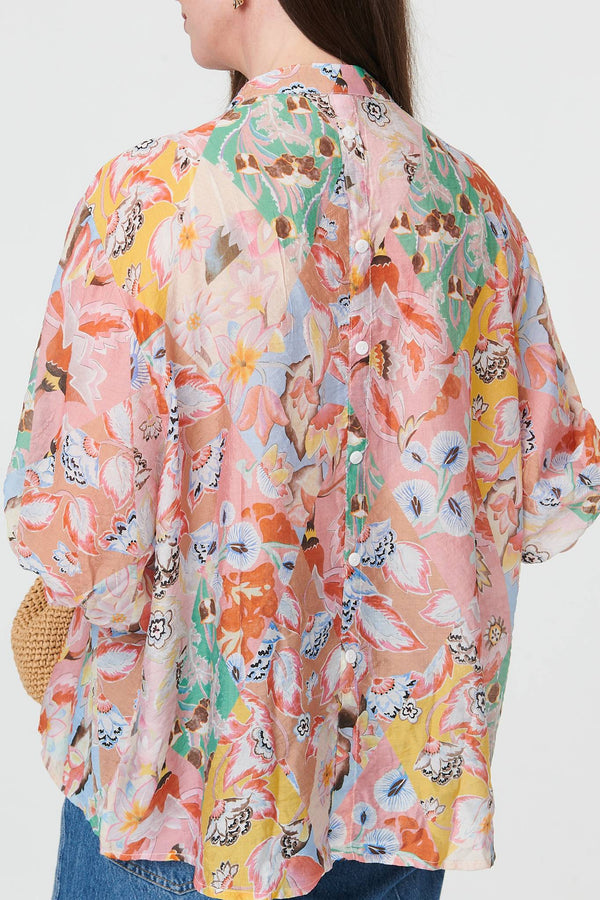 Pink | Abstract Curved Hem 3/4 Sleeve Blouse