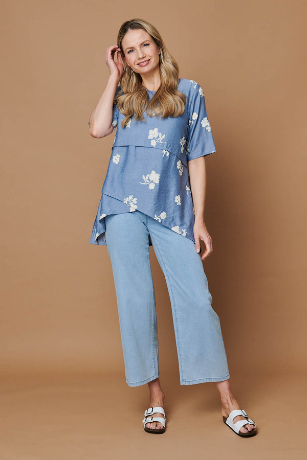 Blue | Floral Asymmetric Layered Tunic Blouse