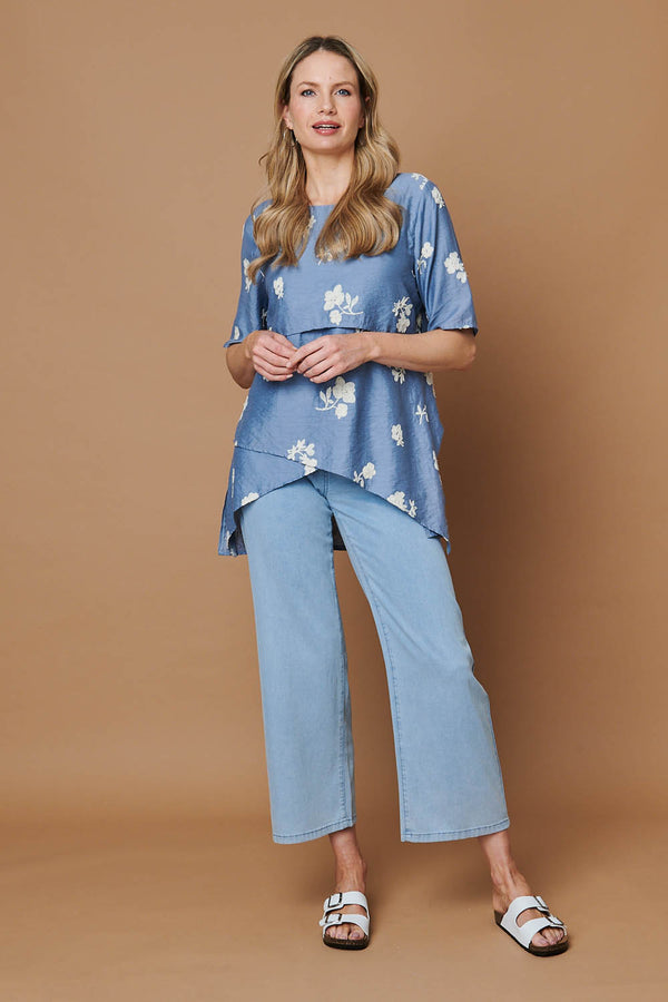 Blue | Floral Asymmetric Layered Tunic Blouse