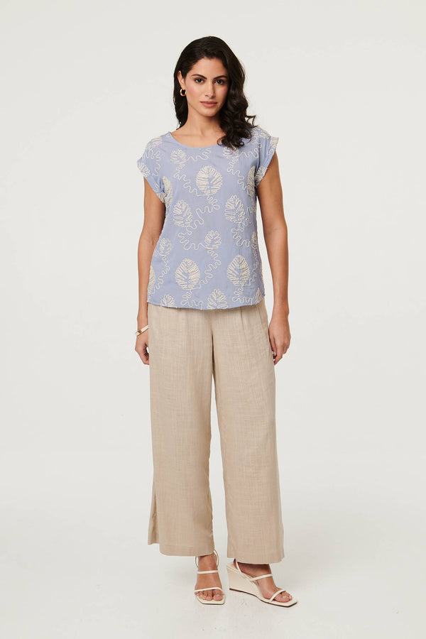 Blue | Leaf Embroidered Detail Cap Sleeve Top