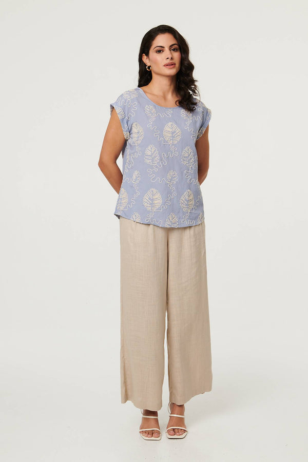Blue | Leaf Embroidered Detail Cap Sleeve Top
