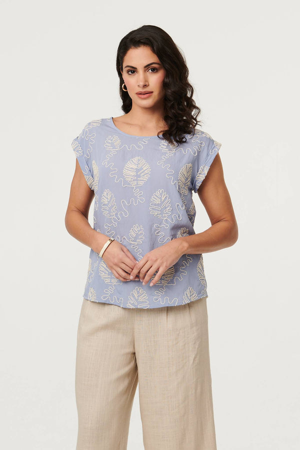 Blue | Leaf Embroidered Detail Cap Sleeve Top