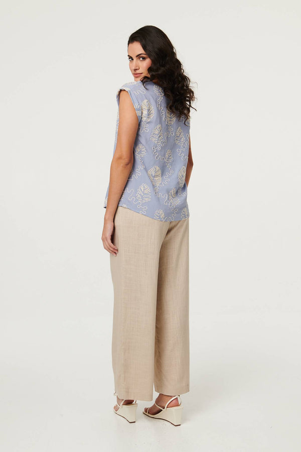 Blue | Leaf Embroidered Detail Cap Sleeve Top