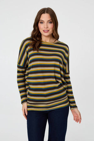 Yellow | Striped Print Relaxed Batwing Top : Model is 5'9