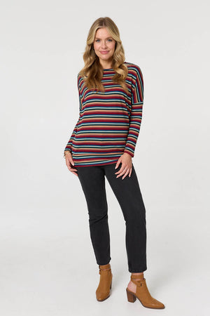 Red | Striped Print Relaxed Batwing Top
