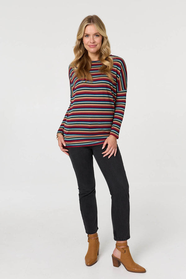 Red | Striped Print Relaxed Batwing Top
